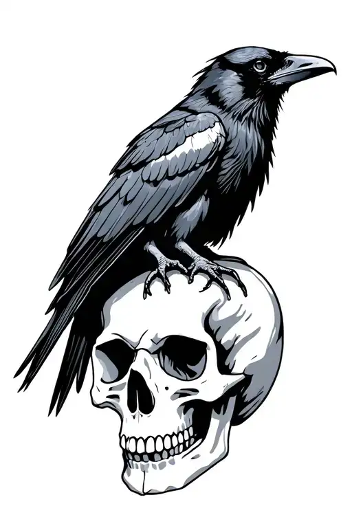 Raven Sitting On Skull Simple Line Drawing