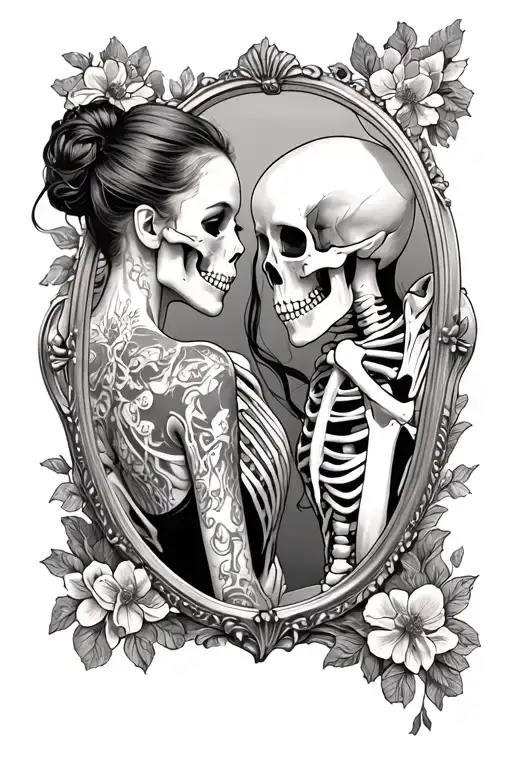 Women Looking In A Mirror And The Reflection Is A Skeleton