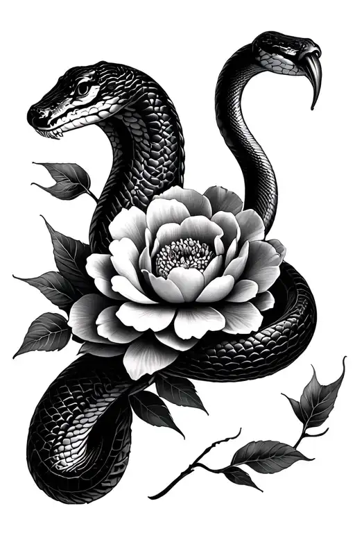 Snake And Peonies Flower