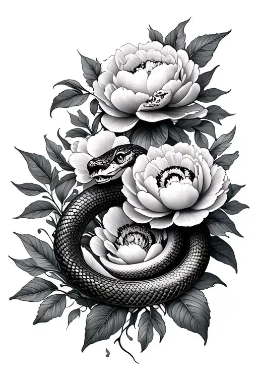 Snake And Peonies Flowers