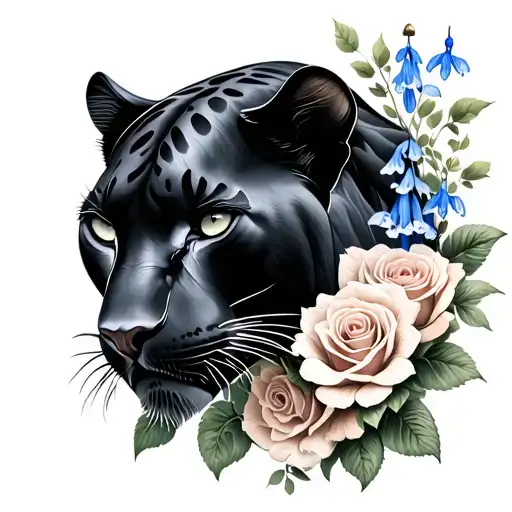 Black Panther And Roses And Bluebells Flower