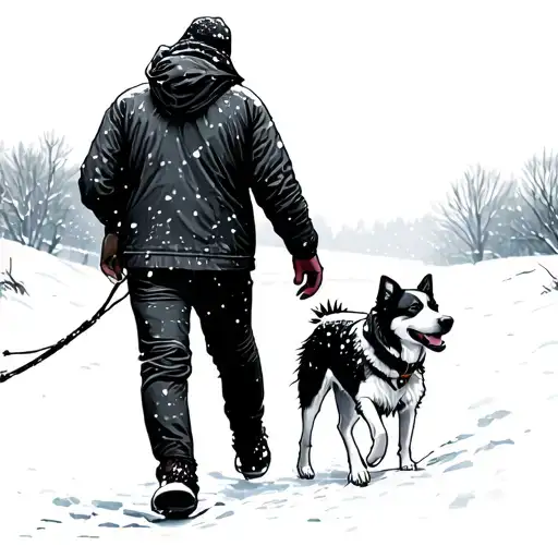 Man Walking Dog In Snow