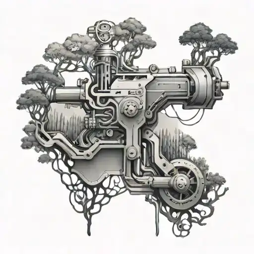 A Black-grey Tattoo Of A Machine Learning Algorithm Intertwined With A Forest Landscape