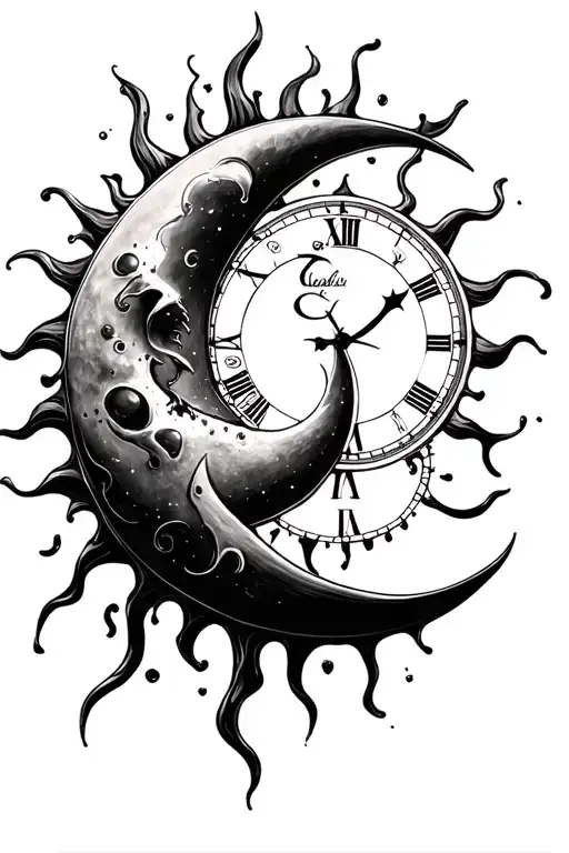 Sun And Moon Overlapping A Clock Melting
