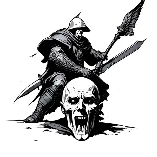 Warrior Presenting Head Of Enemy Leader To Enemy Troops Causing Them To Flee In Terror