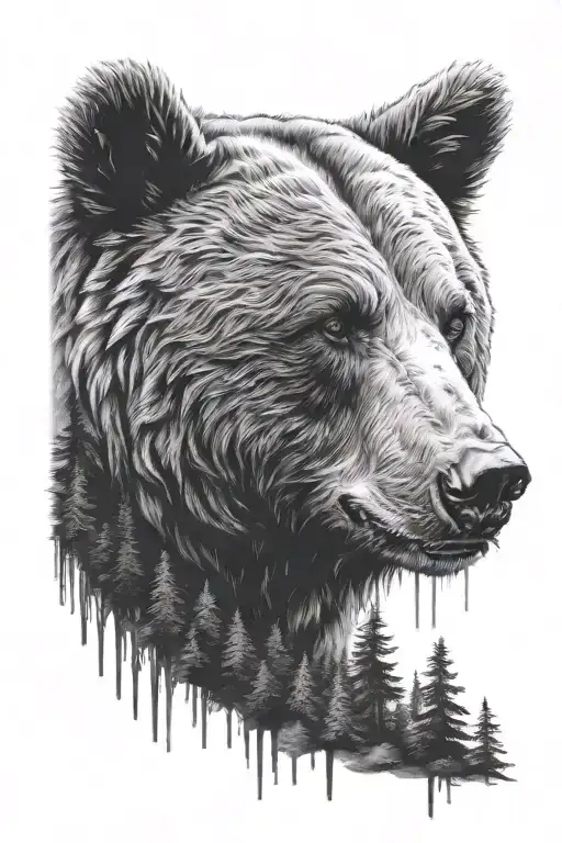 Realistic Bear Face With A Night Forest Background