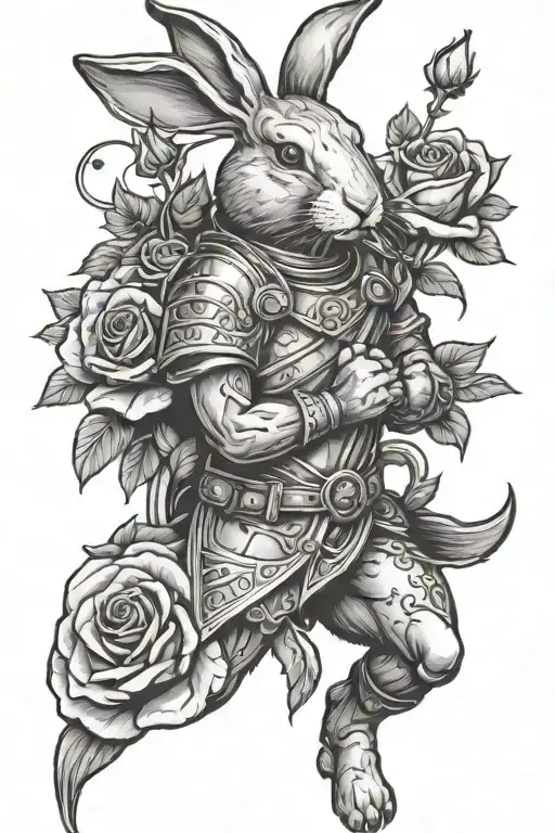 Rabbit Warrior Holding A Rose Surrounded