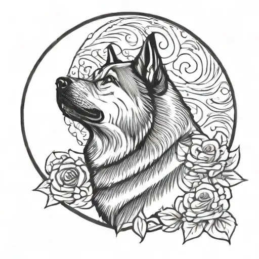 A Silhouette Of An American Akita Howling At A Full Moon Made Of Roses