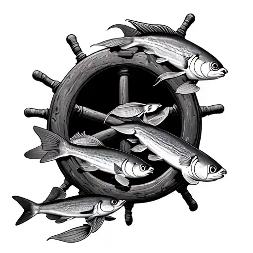 A School Of Tropical Fish Swimming In Formation Around A Ship's Wheel