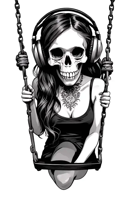 Girl On Swing With Skull Wearing Headphones