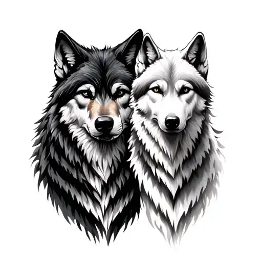 Black Wolf And White Wolf In Forest