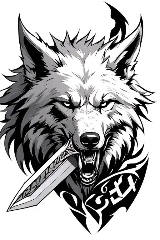 White Wolf With A Dagger In Its Mouth