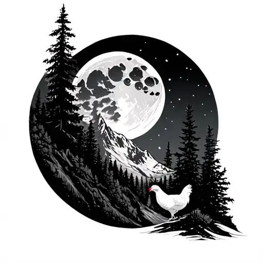 Tattoo On The Left Knee Of The Mountain Moon Big Forest And Poultry