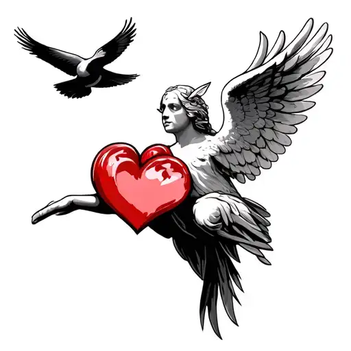 A Heart Pointing At A Angel Bird Flying