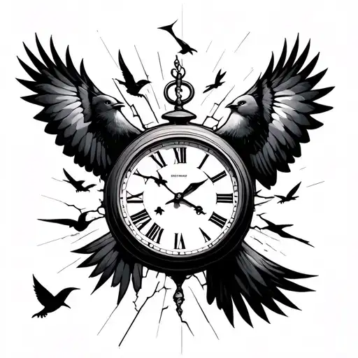 Birds Flying Away From Broken Clock