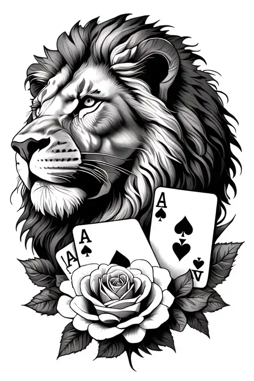A Lions Head Fading In The Background With Roses And Playing Cards