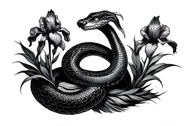 Feathered Snake On A Rainbow Holding Iris Flowers Growing