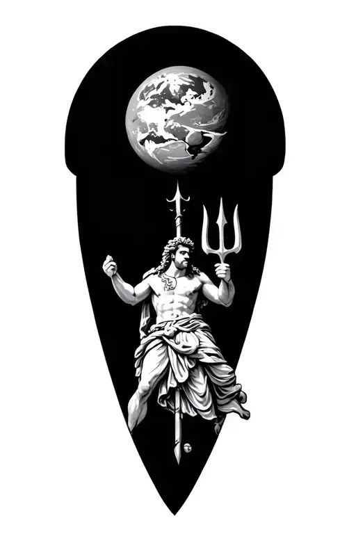 Roman God Neptune With His Trident And Above Him The Planet Neptune