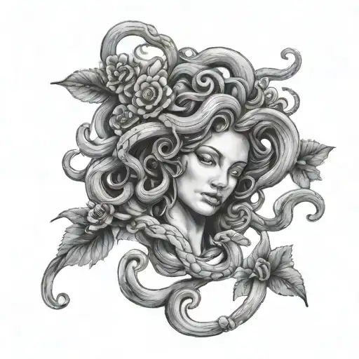 Realistic Medusa With Folwers In Black And Grey