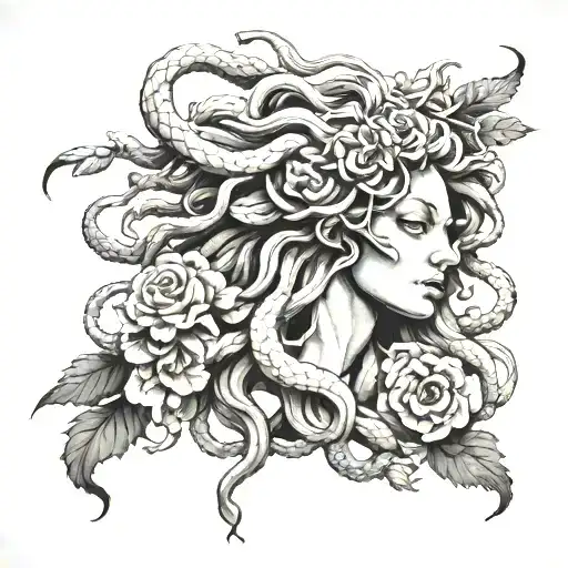 Realistic Medusa With Folwers In Black And Grey