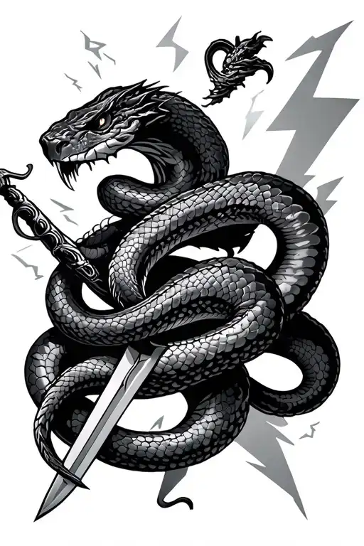 Snake With Sword And Lightning Bolts Surrounding