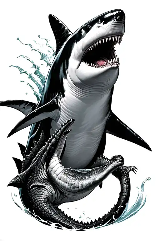 Great White Shark Fighting A Salt Water Crocodile