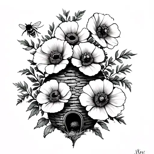 Poppys And A Bee Hive