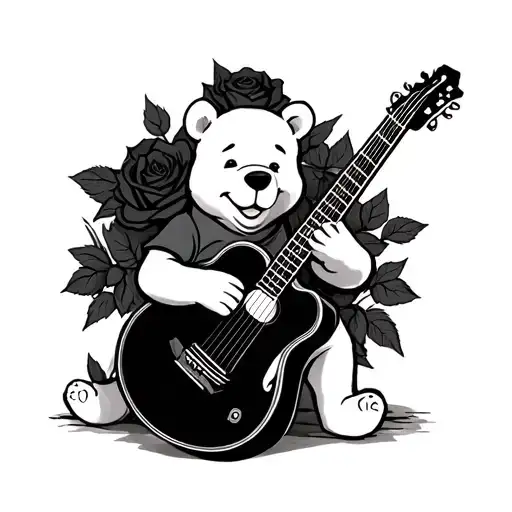 Winnie The Pooh With A Guitar And Black Rose