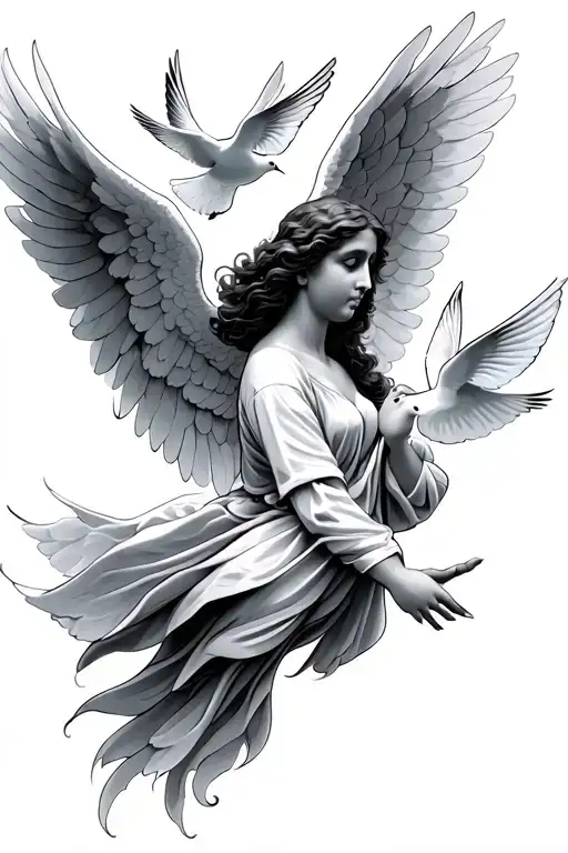 Angel And Doves Flying