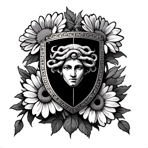 A Greek Shield With A Medusa Emblem Surrounded By Chrysanthemum Flowers