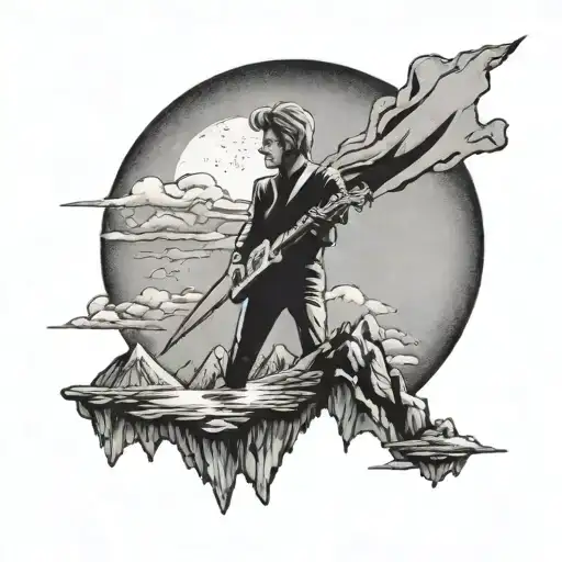 A Mountain Landscape With A Silhouette Of David Bowie Performing On Top
