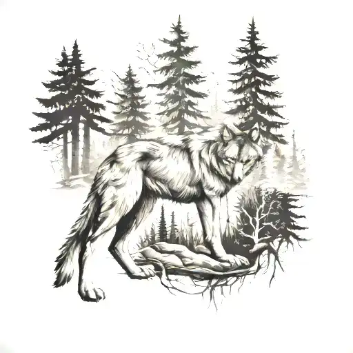 Wolf In Forest Landscape Black Grey