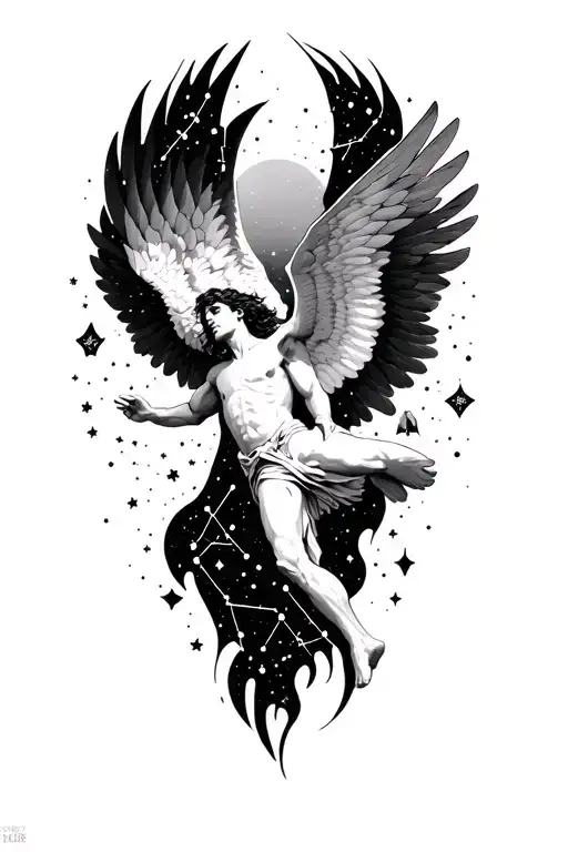 Icarus Falling From The Sky Filled With Constellations