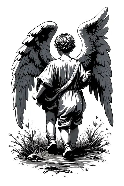Guardian Angel Watching Little Boy Walking Away