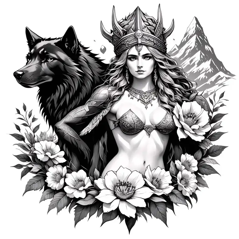 Viking Athena Sexy Goddess Surrounded By Poeny Flowers And Black Wolf With Mountains