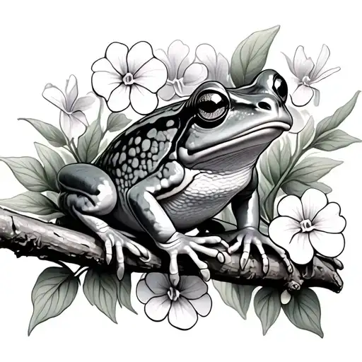 Frog On Branch Surrounded By Violets And Primroses