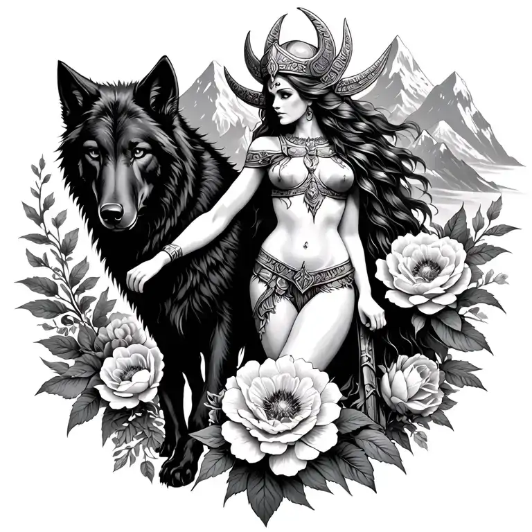 Viking Athena Sexy Goddess Surrounded By Poeny Flowers And Black Wolf With Mountains Range