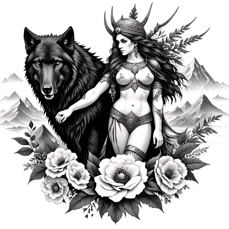 Viking Athena Goddess Surrounded By Poeny Flowers And Black Wolf With Mountains Range