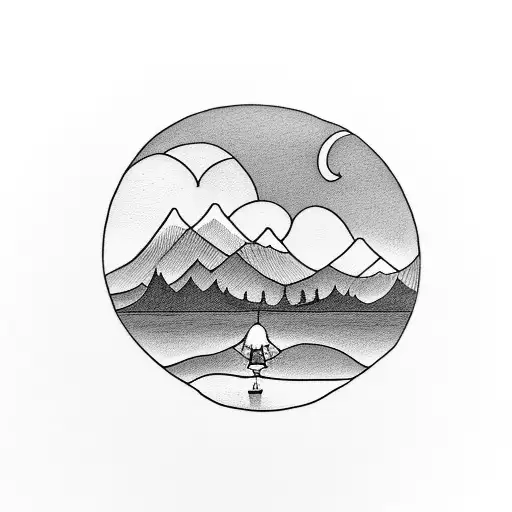 Little Girl Standing In Front Of Lake With Small Mountains In The Distance And A Sunset