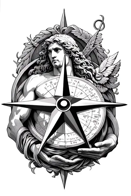 Greek God Atlas Holding Big Compass Rose Intertwined