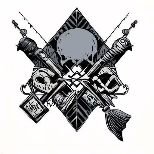 An Intricate Geometric Design Incorporating Elements Of Fishing Gear And Money Symbols