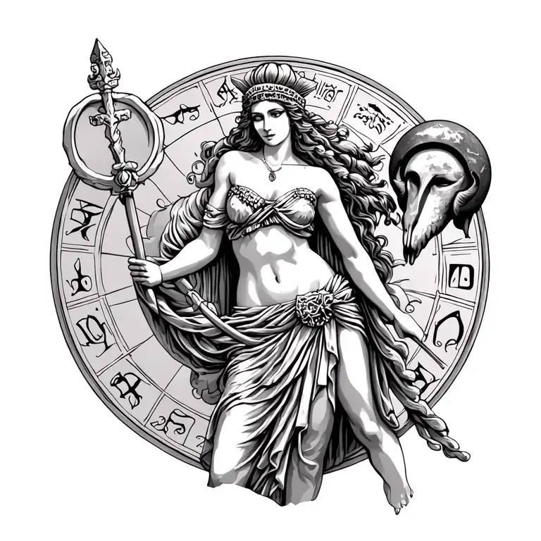 Athena Sexy Goddess Holding Mars With Sign Incorporated Symbolizing Aries Zodiac