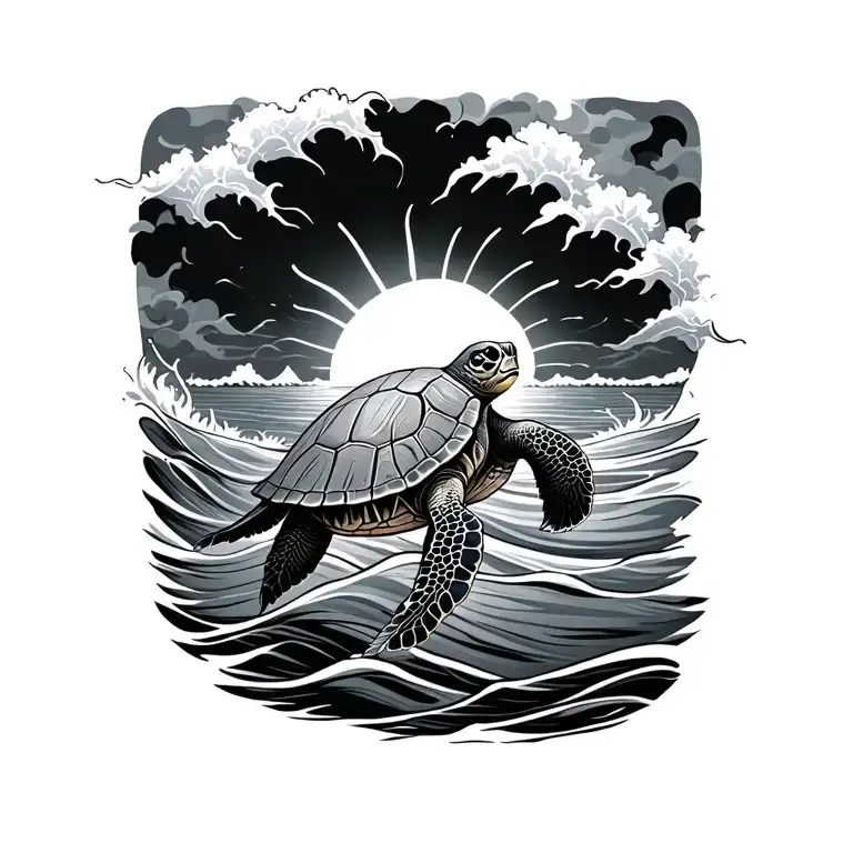 Sun And Sea Turtle And Wave