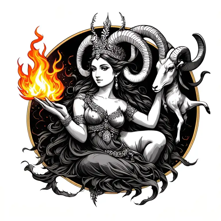 Sexy Goddess Holding Fire Symbolizing Aries Zodiac Incorporating A Ram