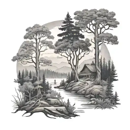 A Black-grey Tattoo Of A Forest Landscape With A Hidden Hunter Waiting For The Perfect Shot