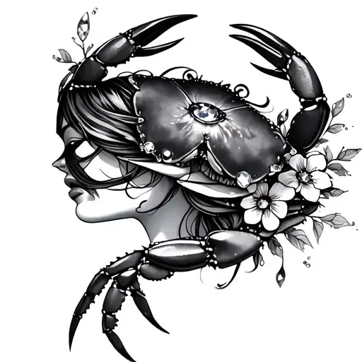 Zodiac Crab With Crystals And Floral Lady Head Profile