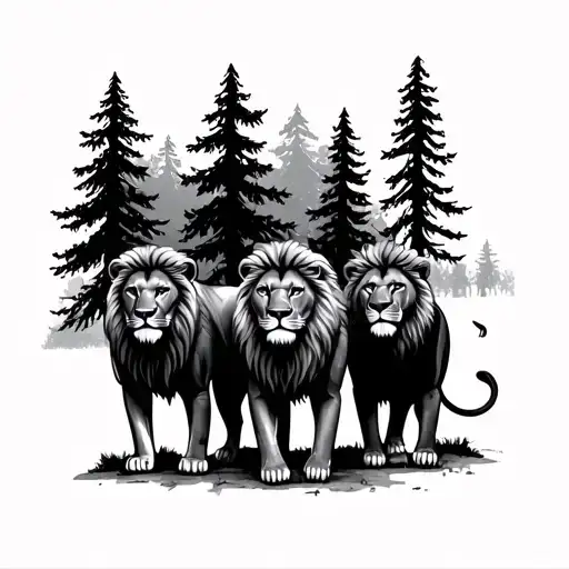 3 Male Lions Standing Tall Pine Trees