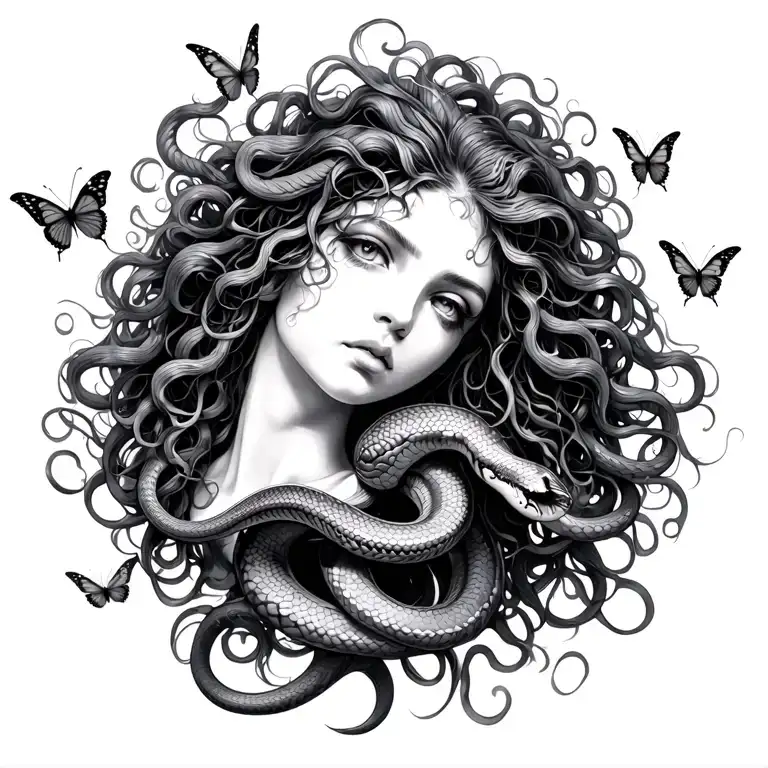Medusa With Snakes And Butterflies Flying