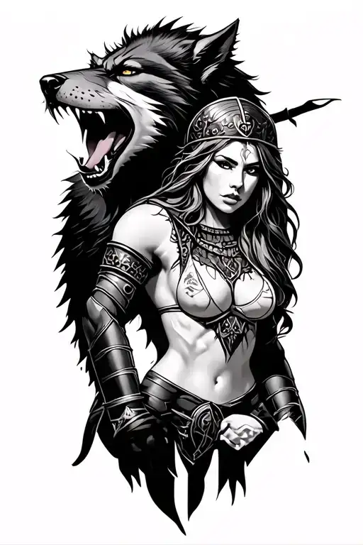 Realistic Werewolf Howling Next To Female Warrior