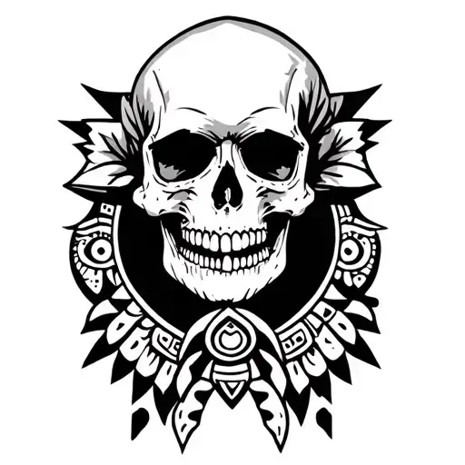 Tattoo On The Neck Of A Skull In The Center With Aztec Decorations On The Sides In Old School Style